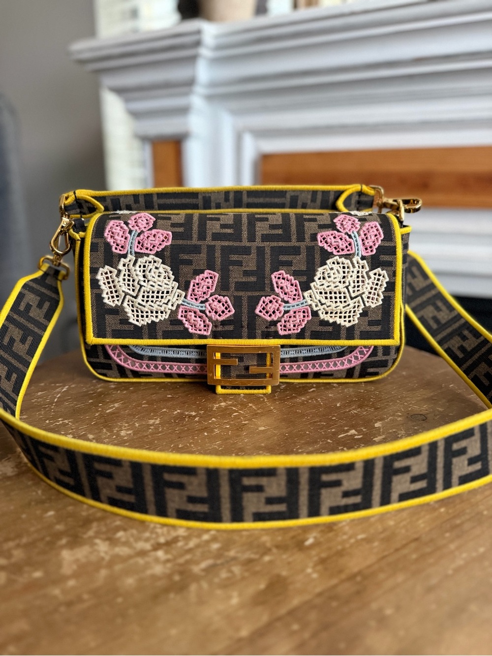 Fendi Zucca Floral Embroidered Baguette Medium